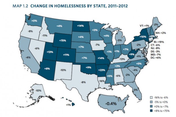 Change in homelessness by state, 2011-2012. | Source: The State of Homelessness in America 2013 report by the National Alliance to End Homelessness. 