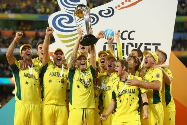 The Asutralian team holding the trophy. | via ICC Cricket World Cup