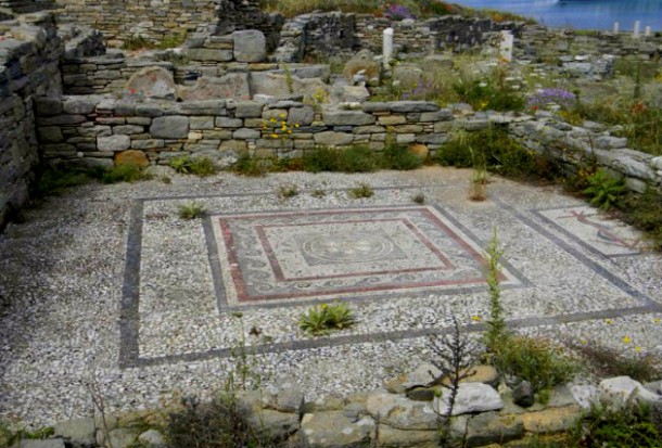 Ruins of a tile floor within a Roman home in Delos, Greece 
