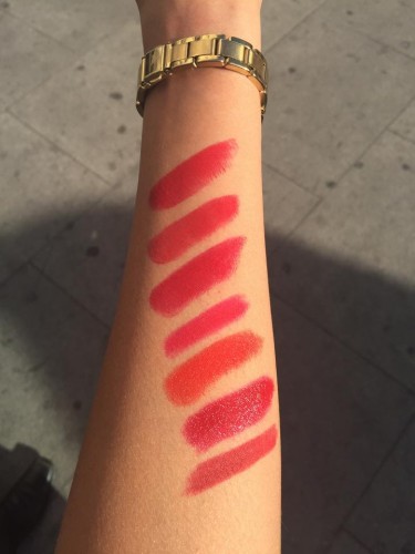 From top to bottom - Mac Ruby Woo, YSL Number 14, Chanel La Fascinate, NARS Dragon Girl, Sephora It Girl, Too Faced Melted Velvet, Mac He Said She Said | Sidra Imtiaz