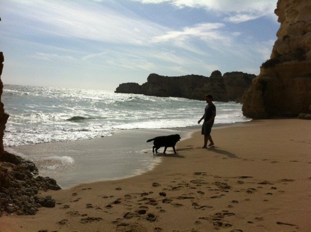 Walking sasha along a beach in the Algarve