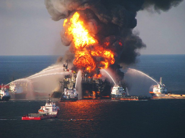 The Deepwater Horizon rig on fire