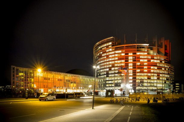 The European Parliament lights up in orange to show solidarity for ending violence against women