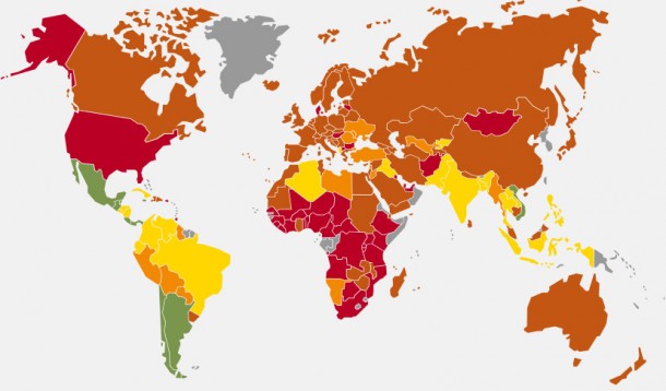 A worldmap showing the results of the Happy Planet Index. The bright green indicates the best result whereas middling is represented by amber and bad by red. | Happy Planet Index